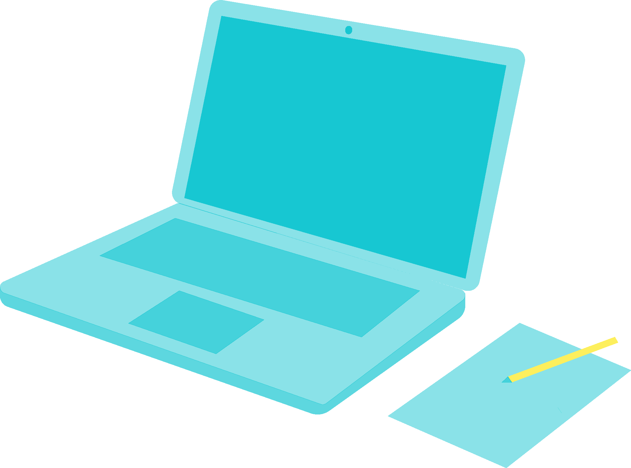 Open laptop next to a notepad with a yellow pencil.